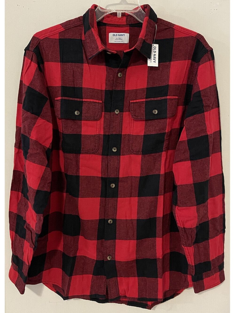 Old Navy Mens L Tall Red Plaid Button-Up Cotton Long-Sleeve Flannel Shirt A4888